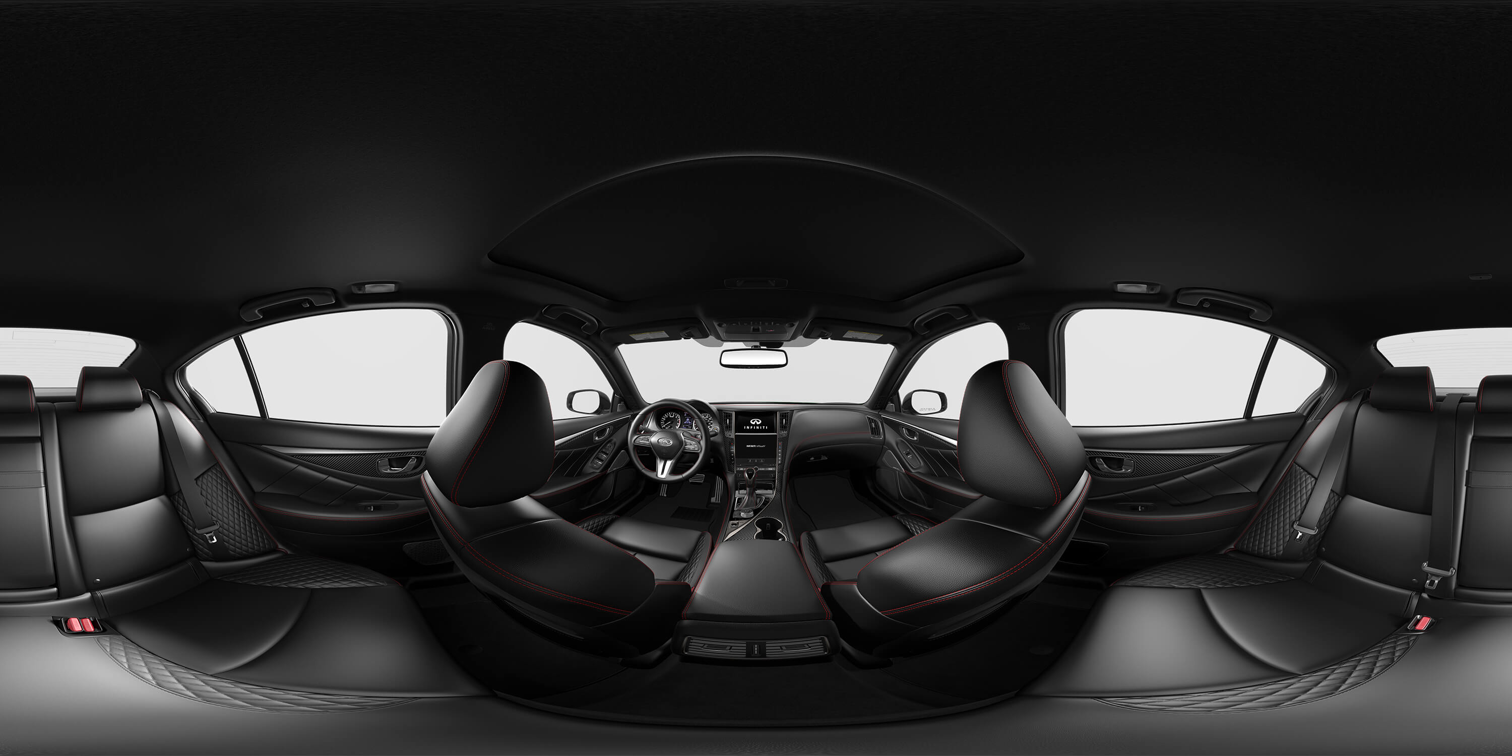 Interior view of 2024 INFINITI Q50 with graphite leather seats and textured aluminum trim